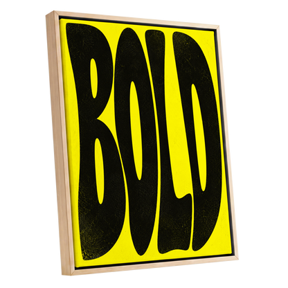 Bold in Yellow, yellow, black minimalist wall art shown as a oak framed canvas wall art