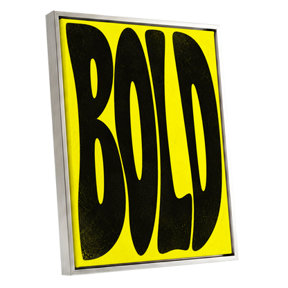 Bold in Yellow, yellow, black minimalist wall art shown as a silver framed canvas wall art
