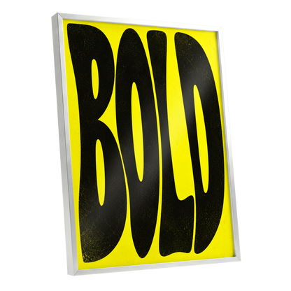 Bold in Yellow, yellow, black minimalist wall art shown as a silver framed poster wall art print