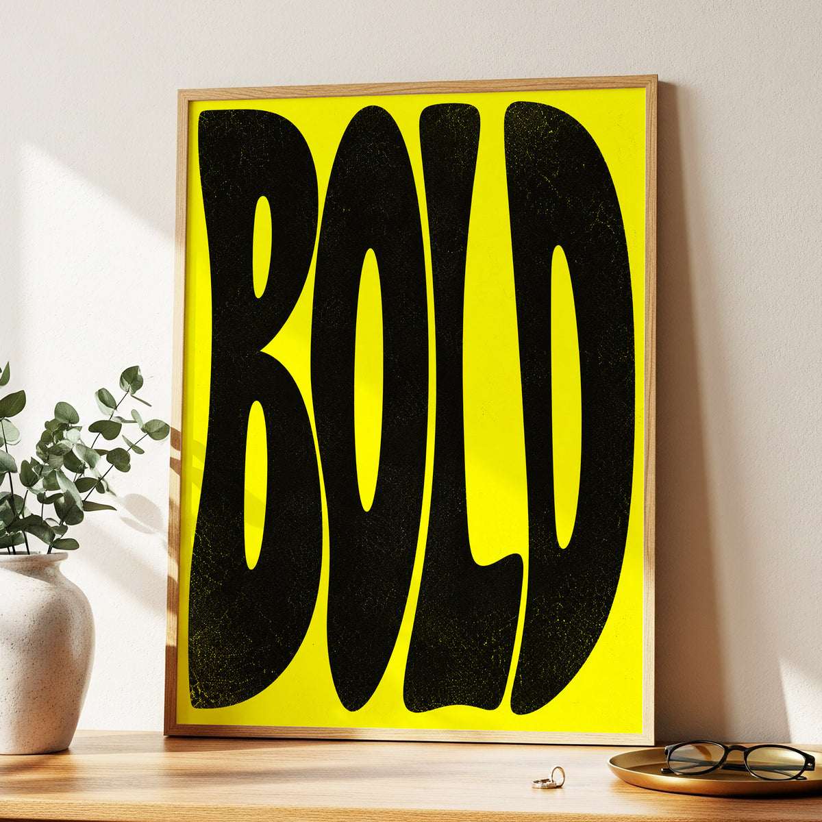 Bold in Yellow, yellow, black minimalist wall art displayed in a styled interior, gallery view 2