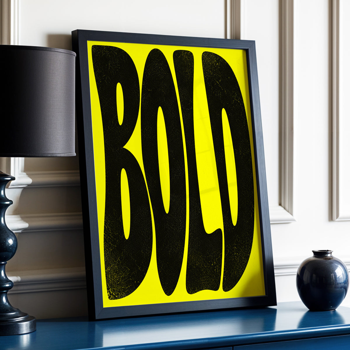 Bold in Yellow, yellow, black minimalist wall art displayed in a styled interior, gallery view 4