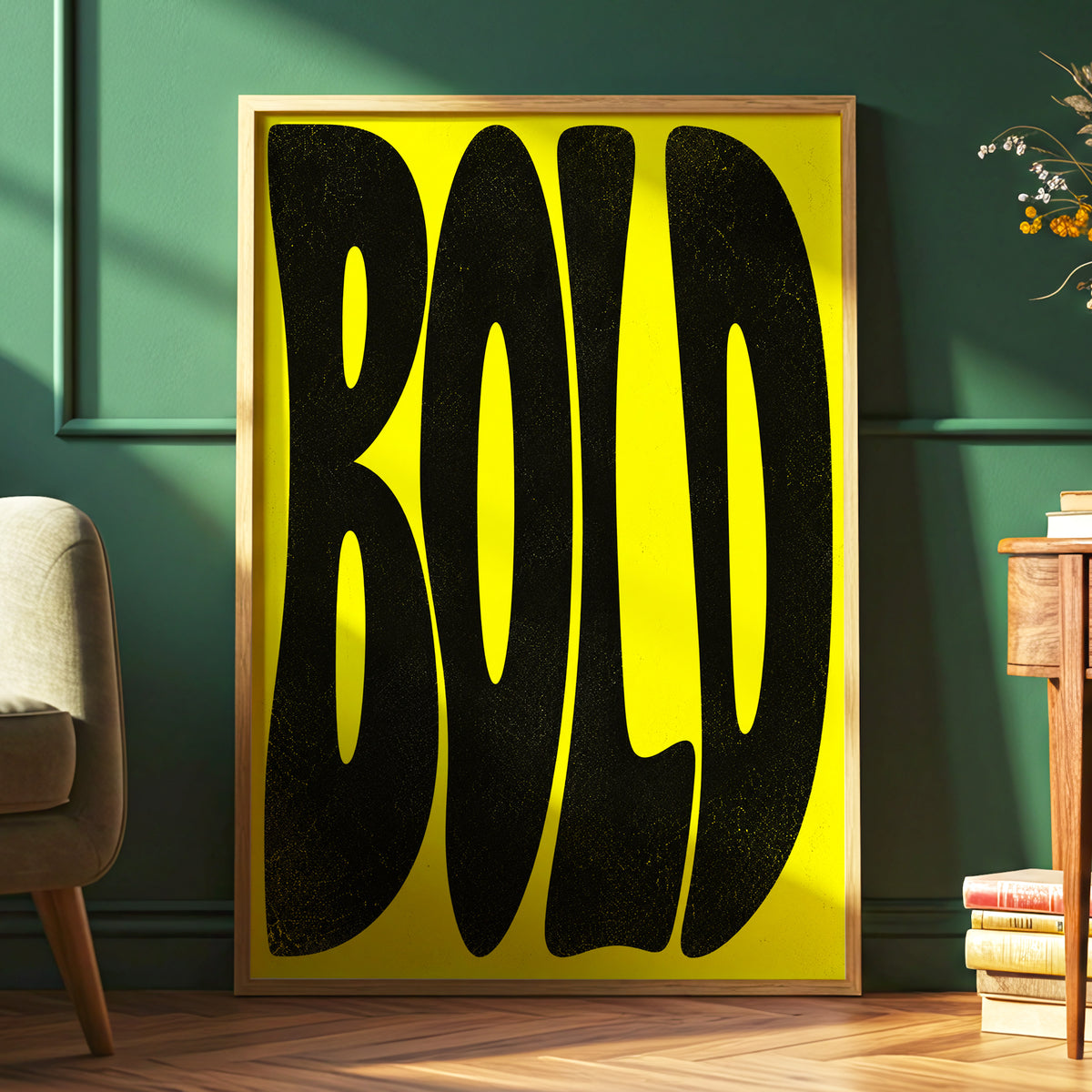 Bold in Yellow, yellow, black minimalist wall art displayed in a styled interior, gallery view 6