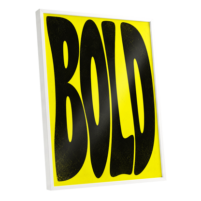 Bold in Yellow, yellow, black minimalist wall art shown as a white framed poster wall art print