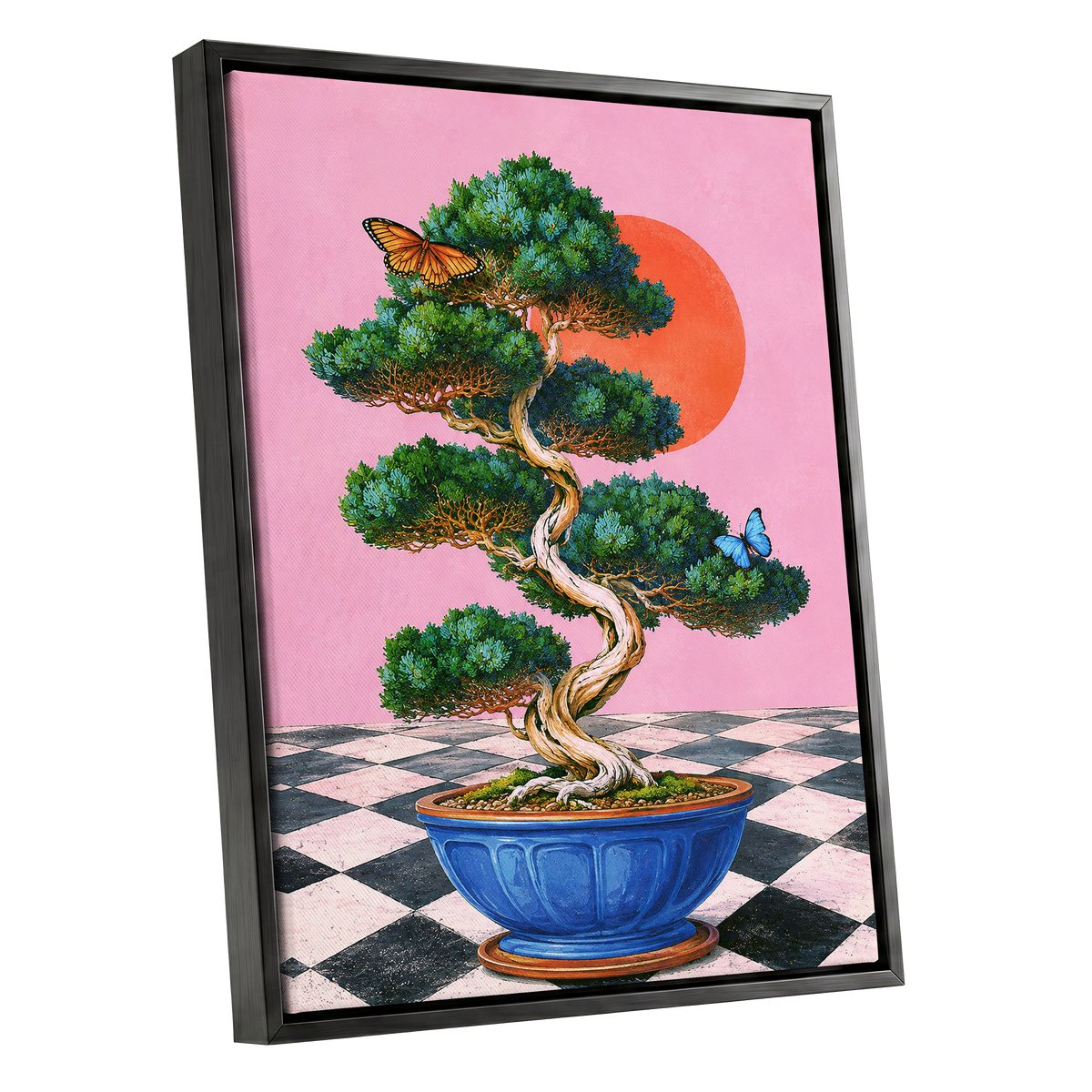 Bonsai Butterfly Reverie, pink, green, blue nature wall art shown as a black framed canvas wall art