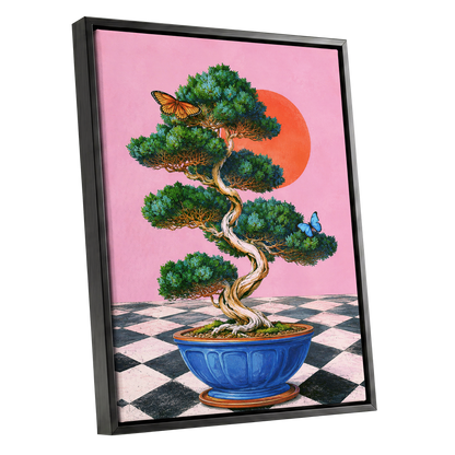 Bonsai Butterfly Reverie, pink, green, blue nature wall art shown as a black framed canvas wall art
