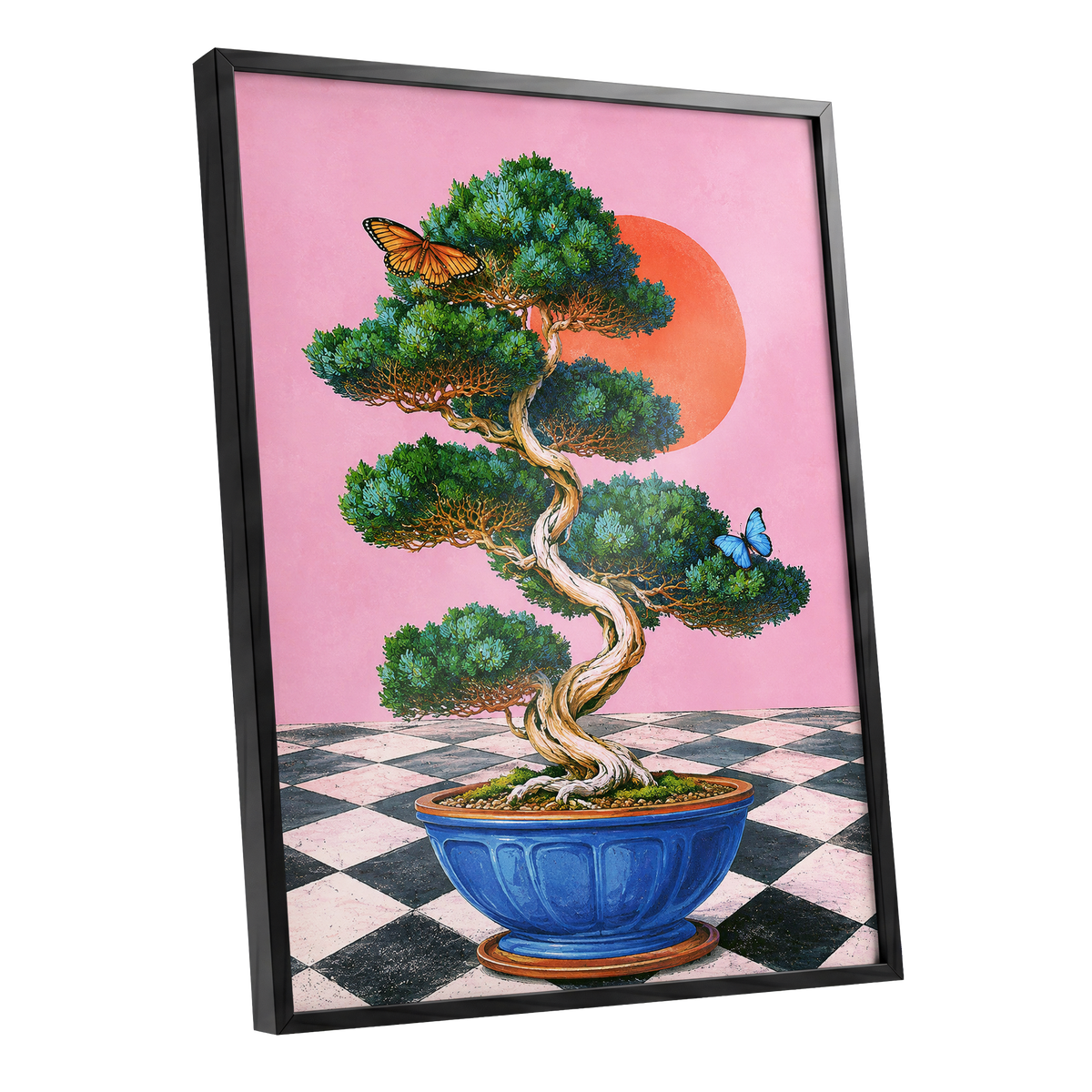Bonsai Butterfly Reverie, pink, green, blue nature wall art shown as a black framed poster wall art print