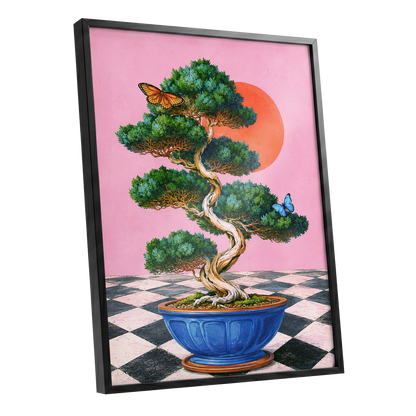 Bonsai Butterfly Reverie, pink, green, blue nature wall art shown as a black framed poster wall art print