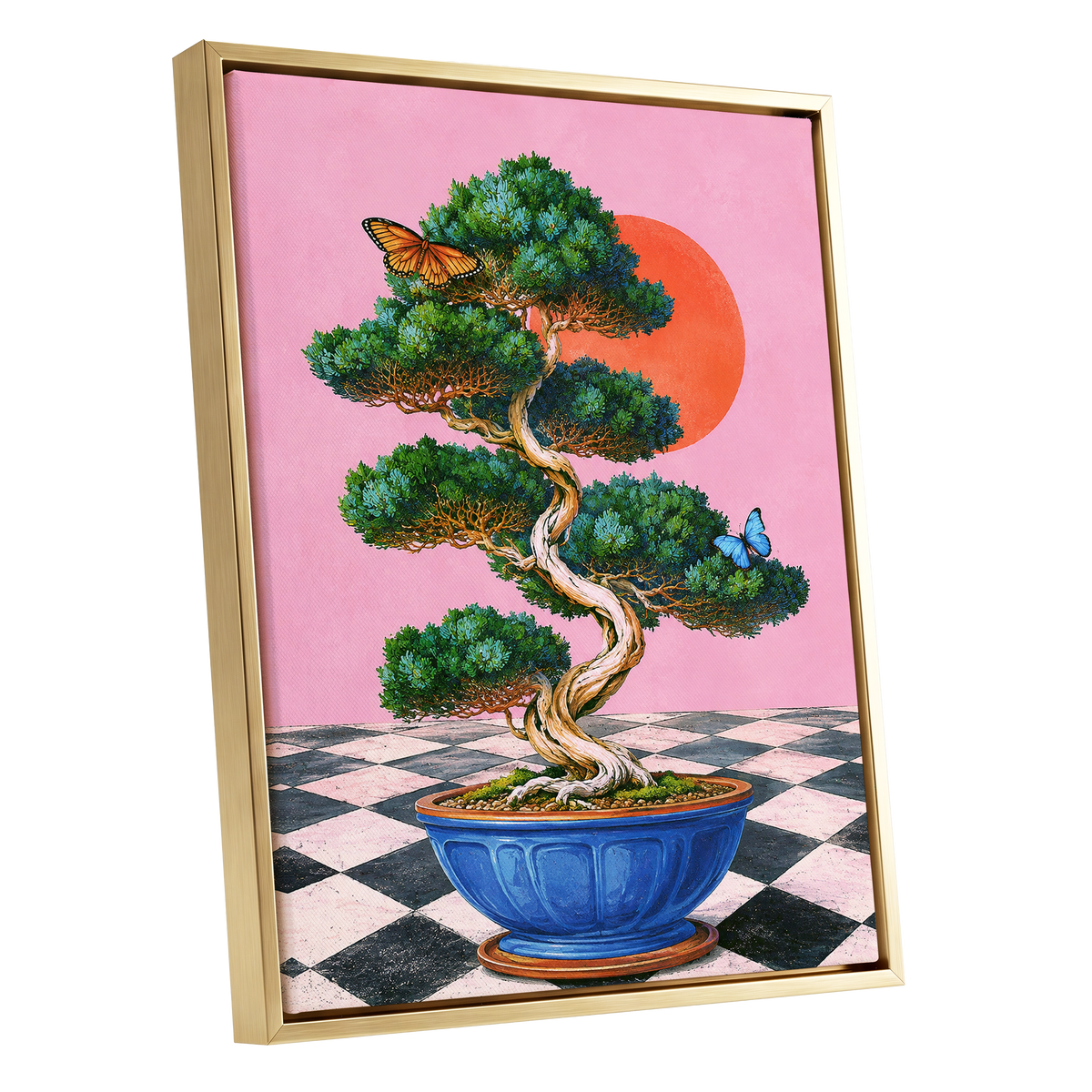 Bonsai Butterfly Reverie, pink, green, blue nature wall art shown as a gold framed canvas wall art