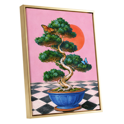 Bonsai Butterfly Reverie, pink, green, blue nature wall art shown as a gold framed canvas wall art