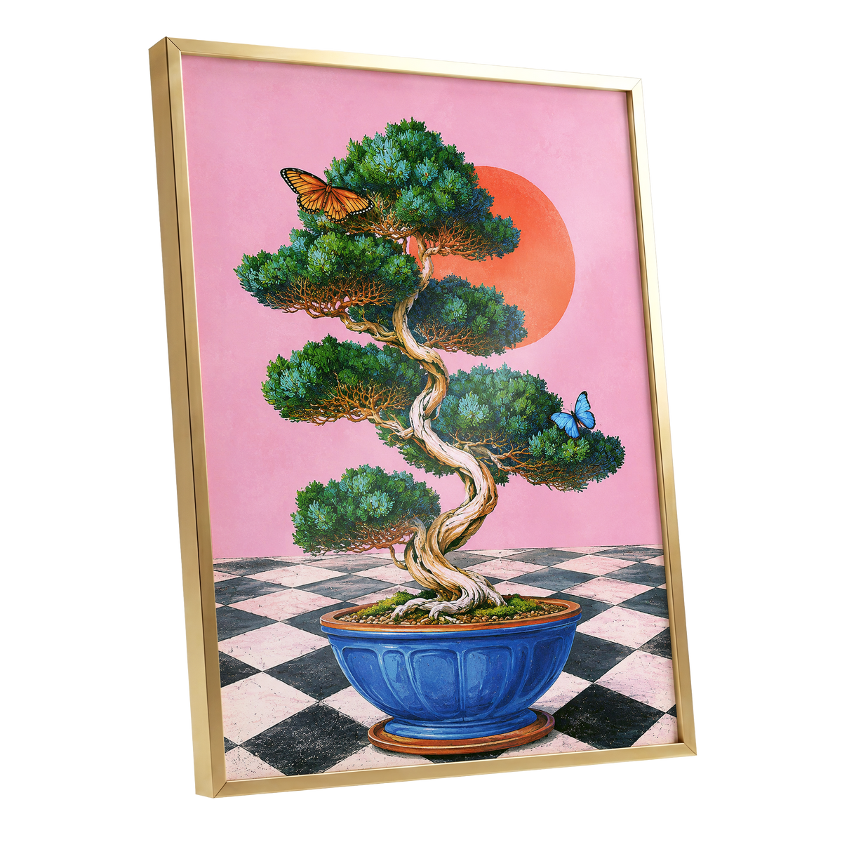 Bonsai Butterfly Reverie, pink, green, blue nature wall art shown as a gold framed poster wall art print