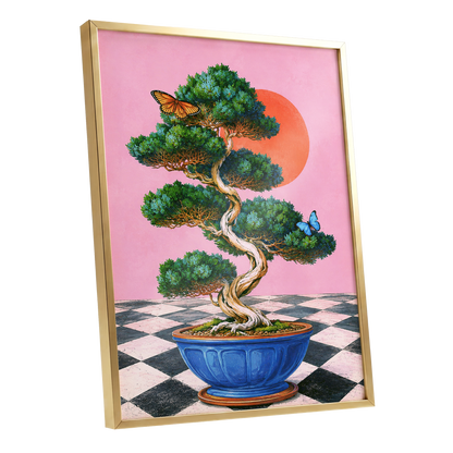 Bonsai Butterfly Reverie, pink, green, blue nature wall art shown as a gold framed poster wall art print