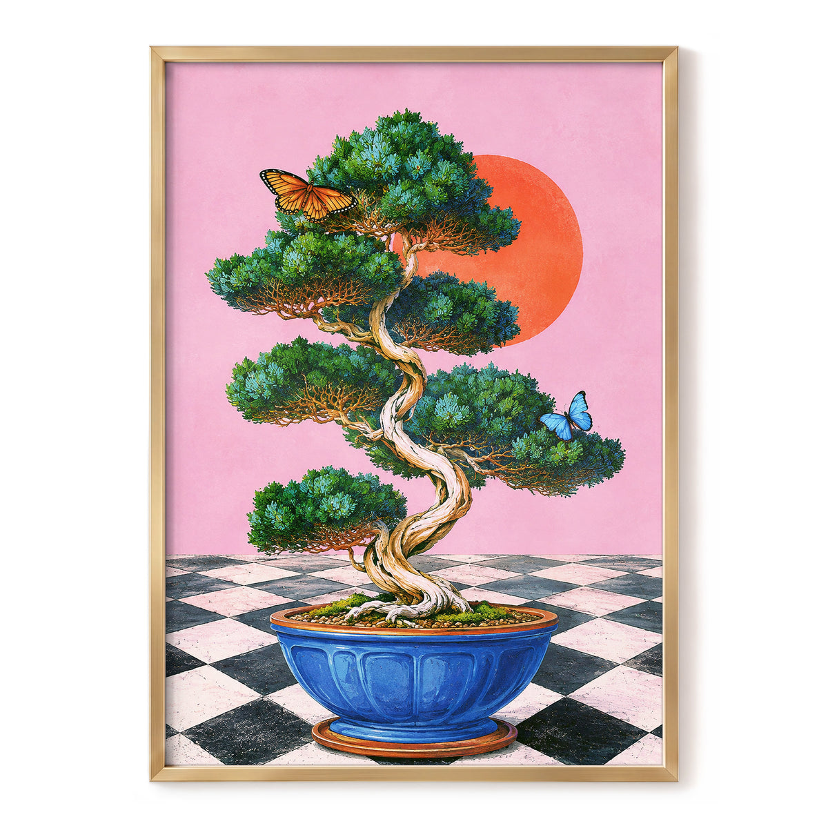Bonsai Butterfly Reverie, pink, green, blue nature wall art, front artwork view