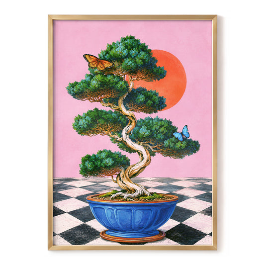 Bonsai Butterfly Reverie, pink, green, blue nature wall art, front artwork view