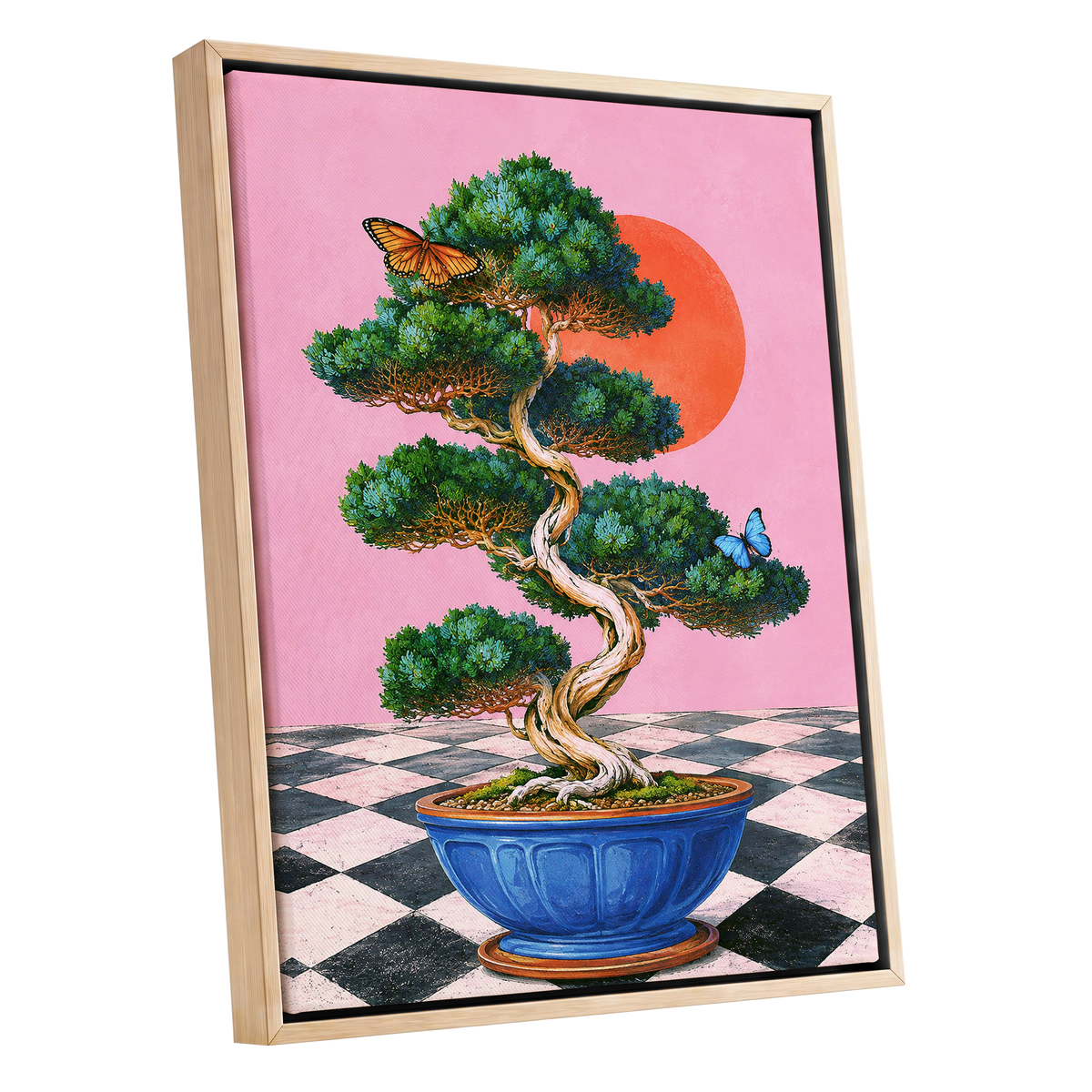 Bonsai Butterfly Reverie, pink, green, blue nature wall art shown as a oak framed canvas wall art