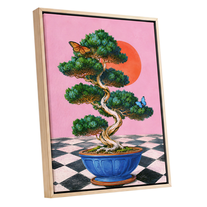 Bonsai Butterfly Reverie, pink, green, blue nature wall art shown as a oak framed canvas wall art