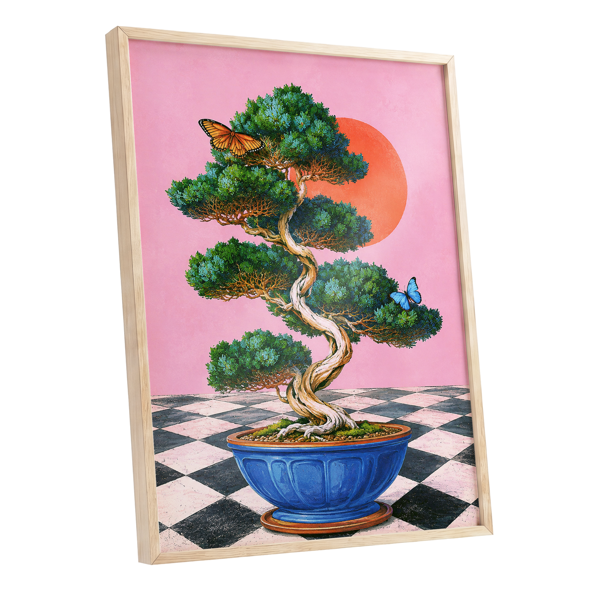 Bonsai Butterfly Reverie, pink, green, blue nature wall art shown as a oak framed poster wall art print