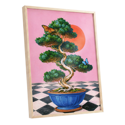 Bonsai Butterfly Reverie, pink, green, blue nature wall art shown as a oak framed poster wall art print