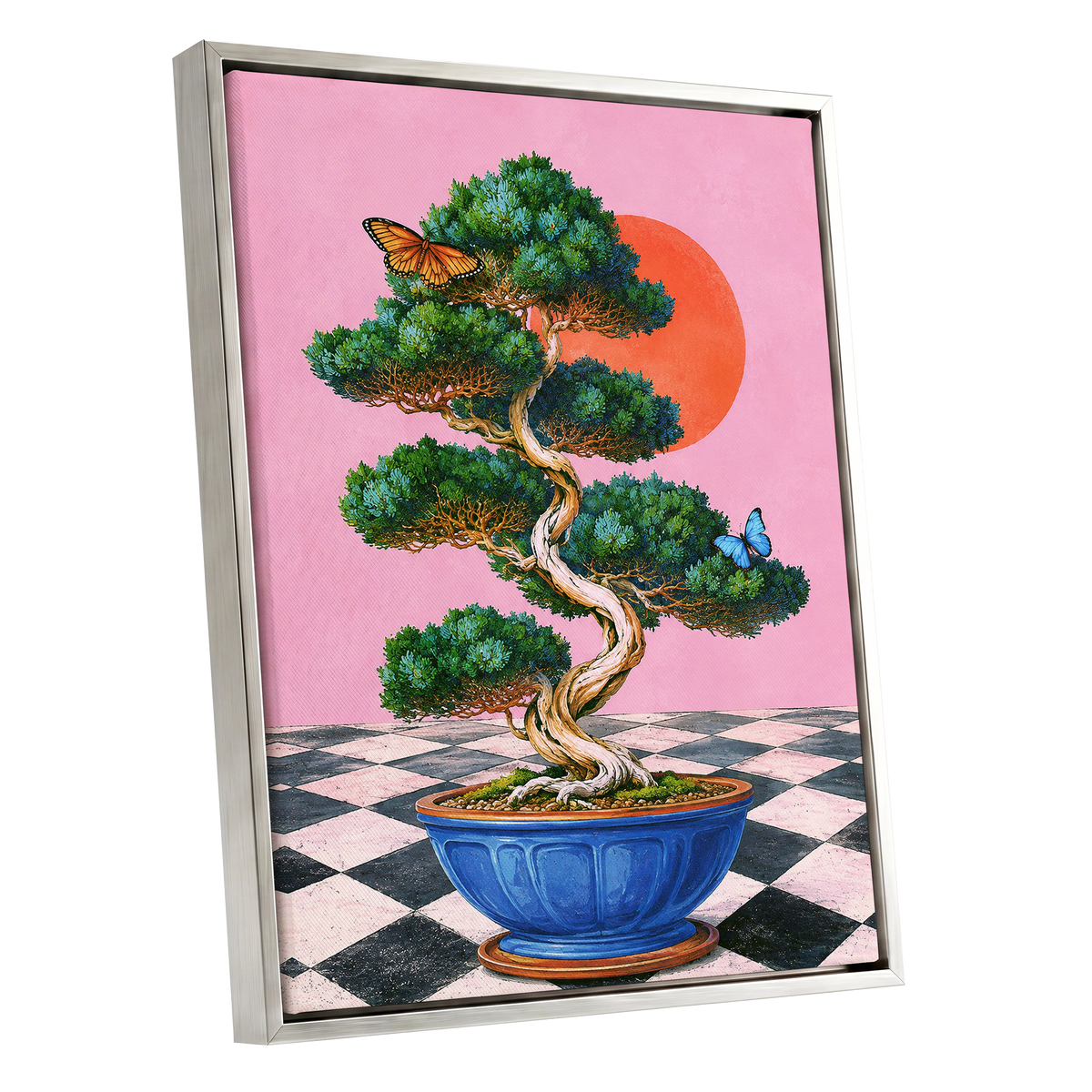 Bonsai Butterfly Reverie, pink, green, blue nature wall art shown as a silver framed canvas wall art