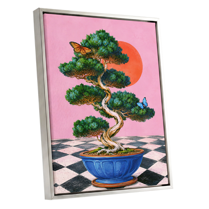 Bonsai Butterfly Reverie, pink, green, blue nature wall art shown as a silver framed canvas wall art