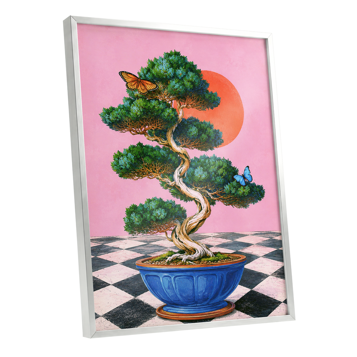 Bonsai Butterfly Reverie, pink, green, blue nature wall art shown as a silver framed poster wall art print