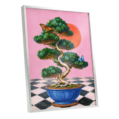 Bonsai Butterfly Reverie, pink, green, blue nature wall art shown as a silver framed poster wall art print