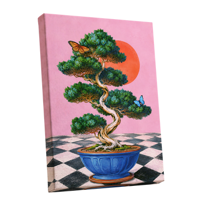 Bonsai Butterfly Reverie, pink, green, blue nature wall art shown as a stretched canvas wall art