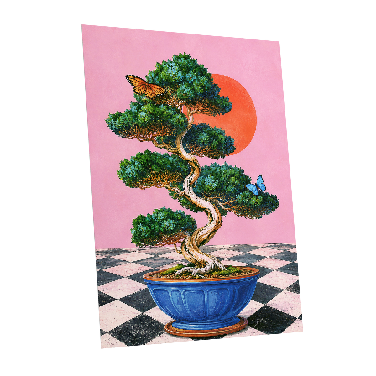 Bonsai Butterfly Reverie, pink, green, blue nature wall art shown as a unframed poster wall art print