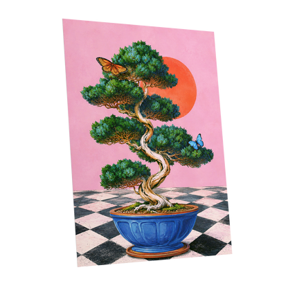 Bonsai Butterfly Reverie, pink, green, blue nature wall art shown as a unframed poster wall art print