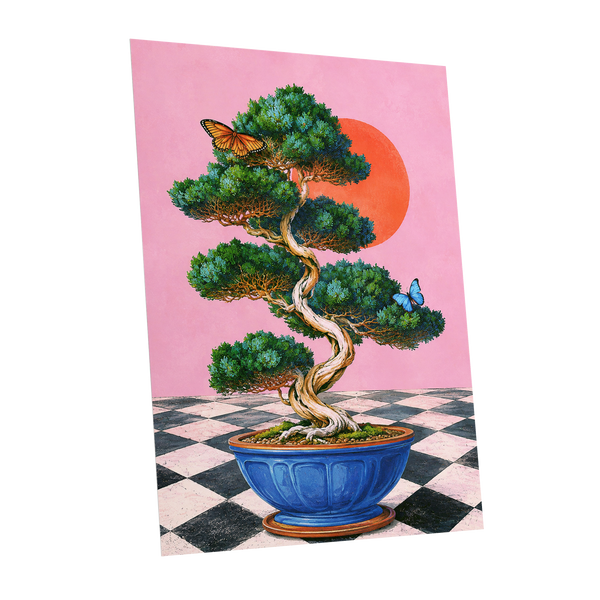 Bonsai Butterfly Reverie, pink, green, blue nature wall art shown as a unframed poster wall art print