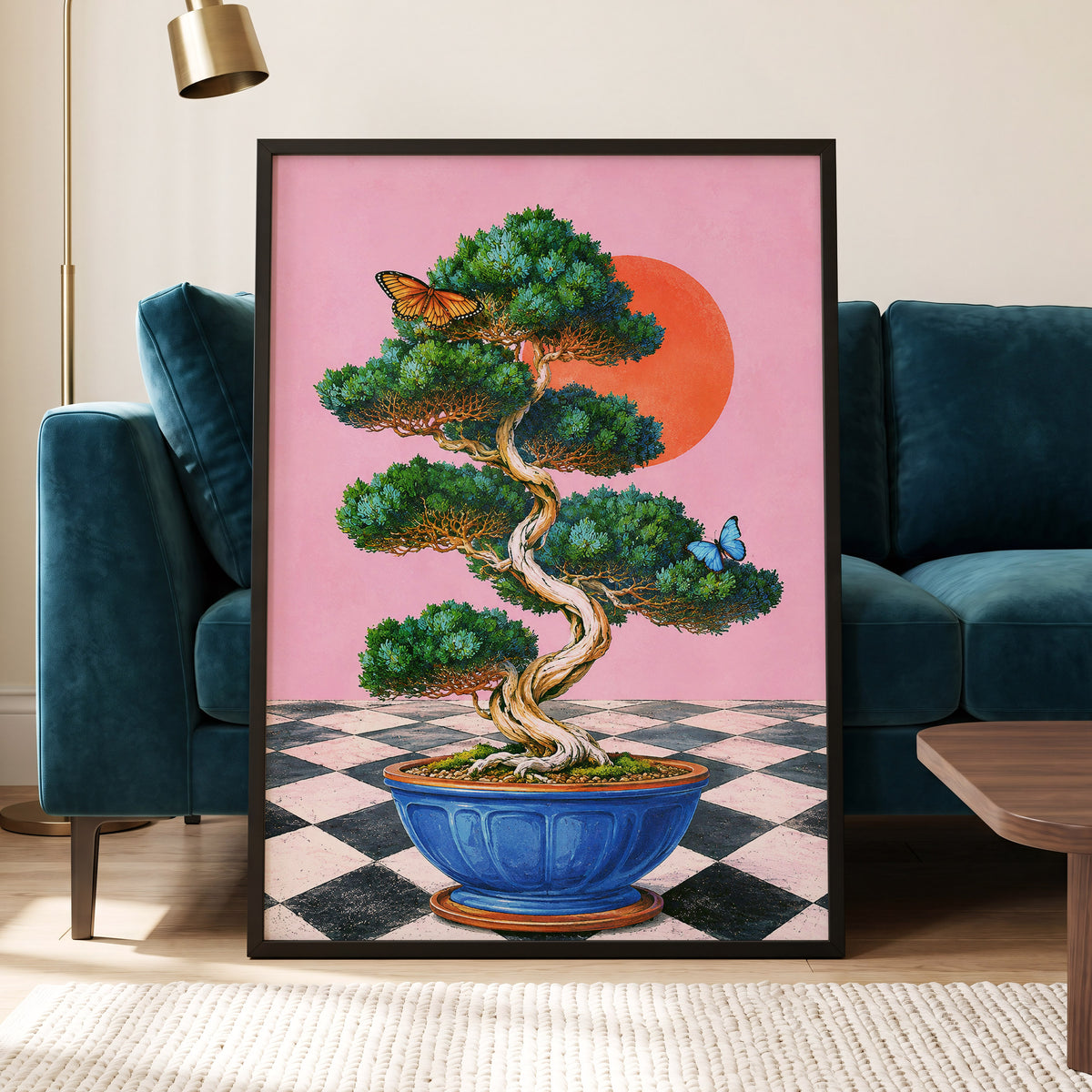 Bonsai Butterfly Reverie, pink, green, blue nature wall art displayed in a styled interior, gallery view 2
