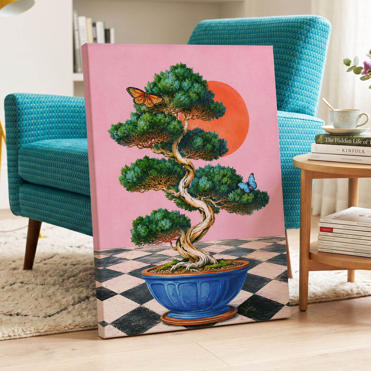 Bonsai Butterfly Reverie, pink, green, blue nature wall art displayed in a styled interior, gallery view 3