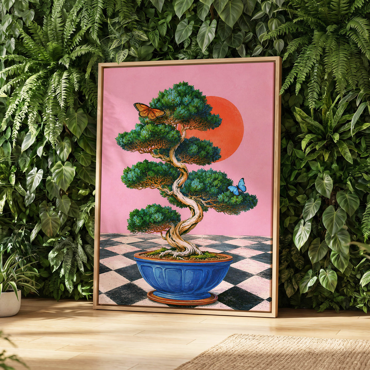 Bonsai Butterfly Reverie, pink, green, blue nature wall art displayed in a styled interior, gallery view 4