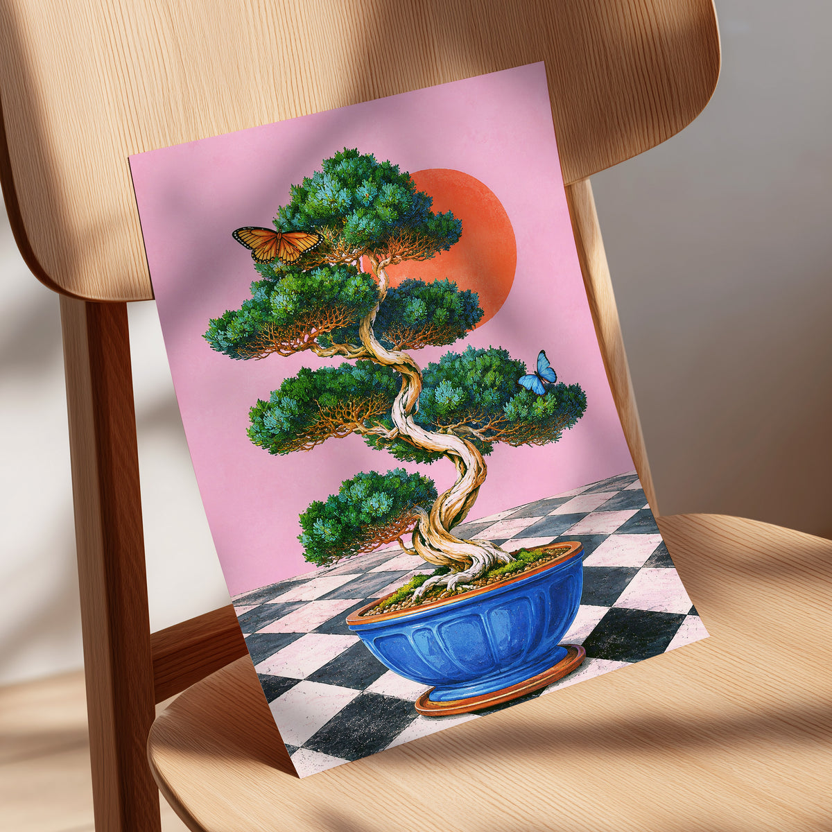 Bonsai Butterfly Reverie, pink, green, blue nature wall art displayed in a styled interior, gallery view 5