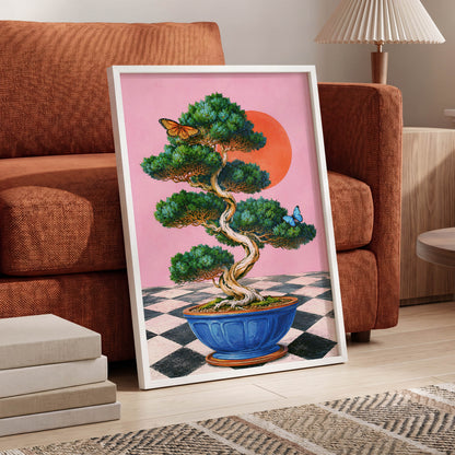 Bonsai Butterfly Reverie, pink, green, blue nature wall art displayed in a styled interior, gallery view 6