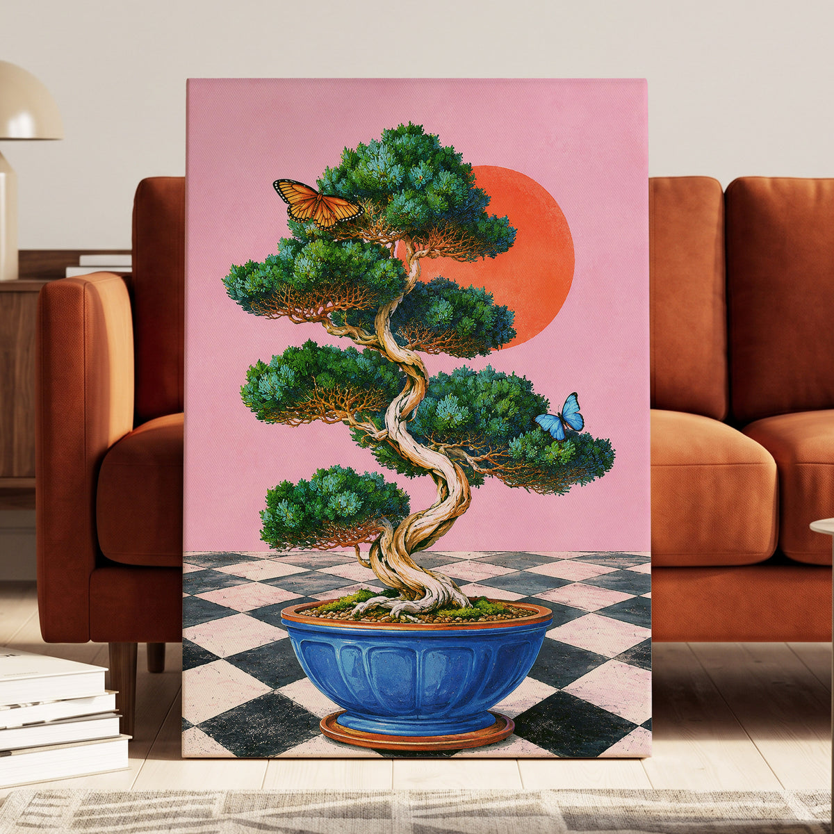 Bonsai Butterfly Reverie, pink, green, blue nature wall art displayed in a styled interior, gallery view 7