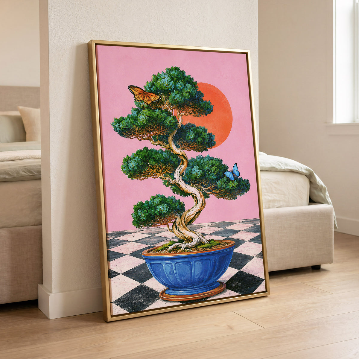 Bonsai Butterfly Reverie, pink, green, blue nature wall art displayed in a styled interior, gallery view 8