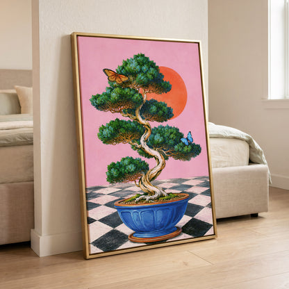 Bonsai Butterfly Reverie, pink, green, blue nature wall art displayed in a styled interior, gallery view 8