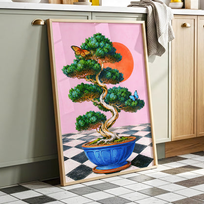 Bonsai Butterfly Reverie, pink, green, blue nature wall art displayed in a styled interior, gallery view 9