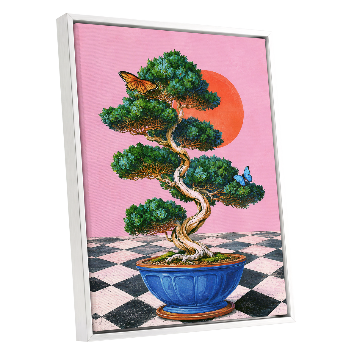 Bonsai Butterfly Reverie, pink, green, blue nature wall art shown as a white framed canvas wall art