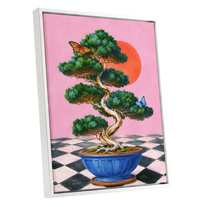 Bonsai Butterfly Reverie, pink, green, blue nature wall art shown as a white framed canvas wall art