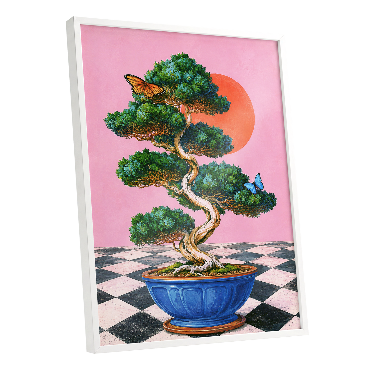 Bonsai Butterfly Reverie, pink, green, blue nature wall art shown as a white framed poster wall art print