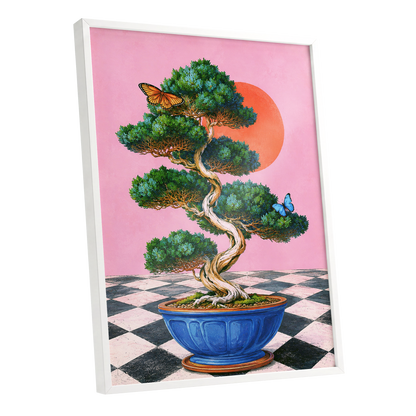 Bonsai Butterfly Reverie, pink, green, blue nature wall art shown as a white framed poster wall art print