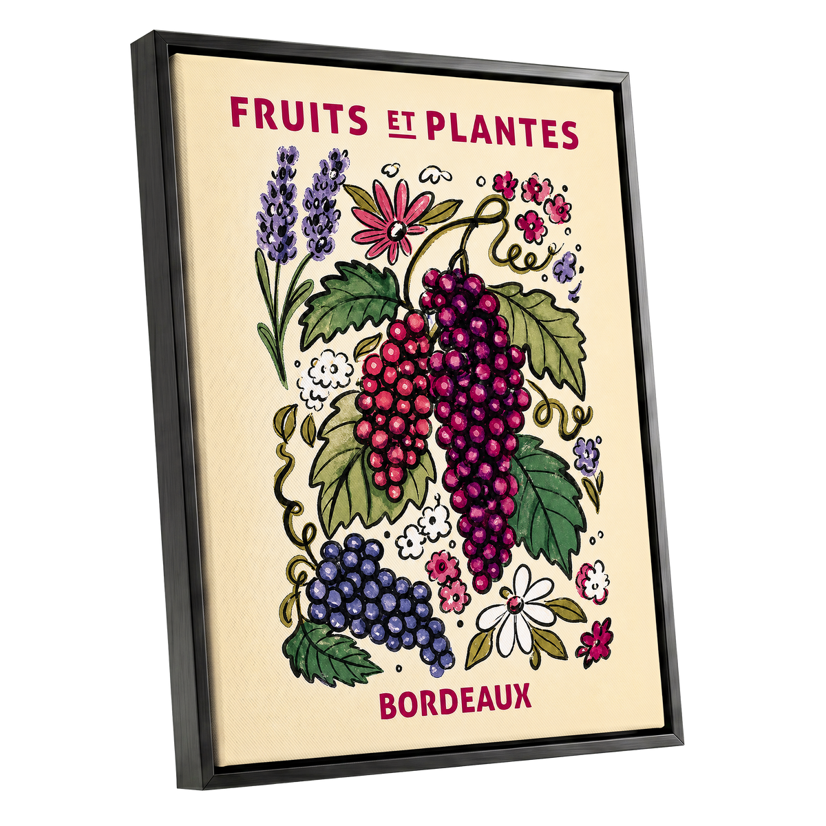 Bordeaux in Bloom, beige, purple, pink nature wall art shown as a black framed canvas wall art