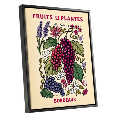 Bordeaux in Bloom, beige, purple, pink nature wall art shown as a black framed canvas wall art