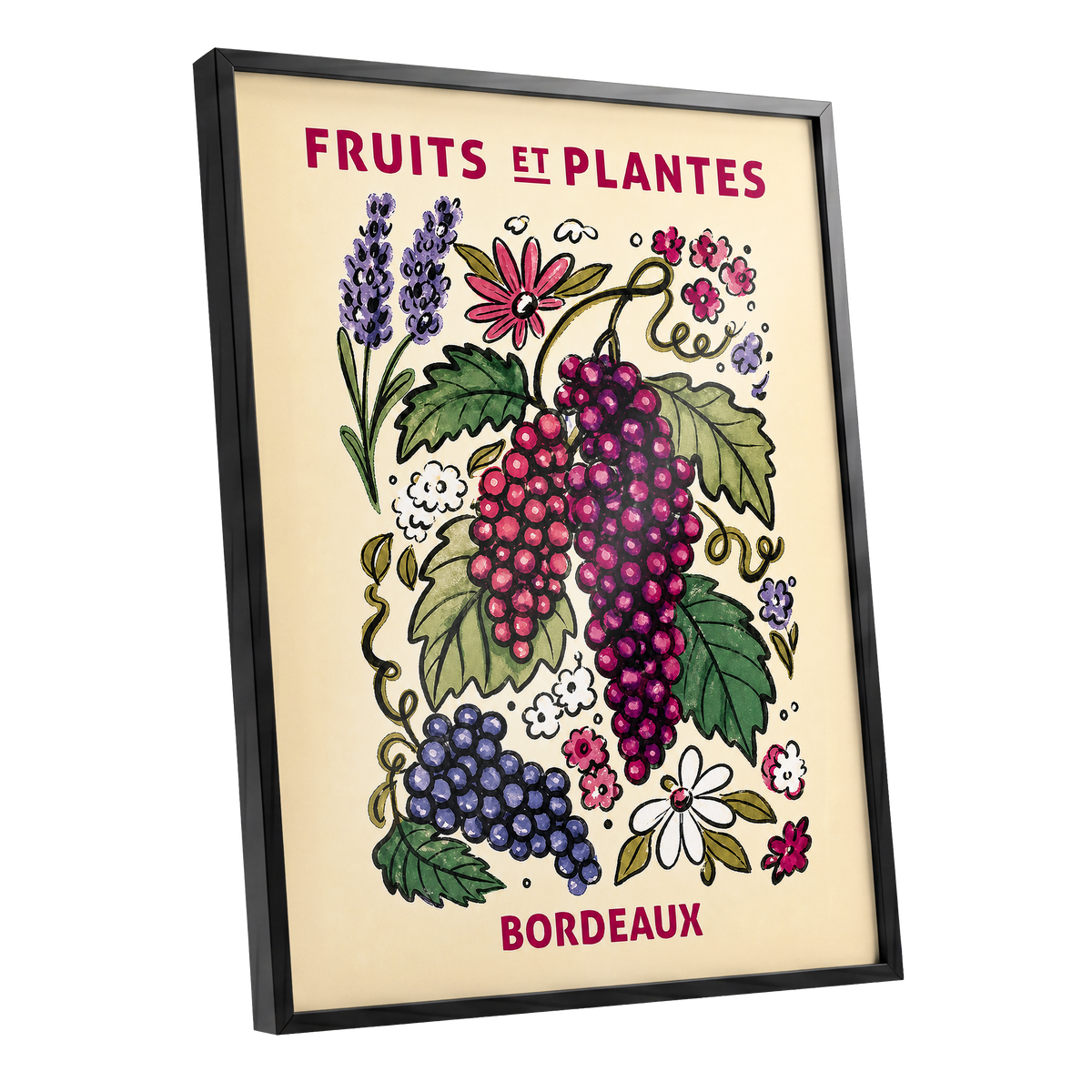 Bordeaux in Bloom, beige, purple, pink nature wall art shown as a black framed poster wall art print