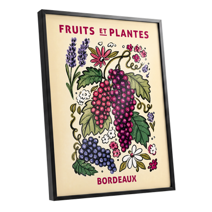 Bordeaux in Bloom, beige, purple, pink nature wall art shown as a black framed poster wall art print