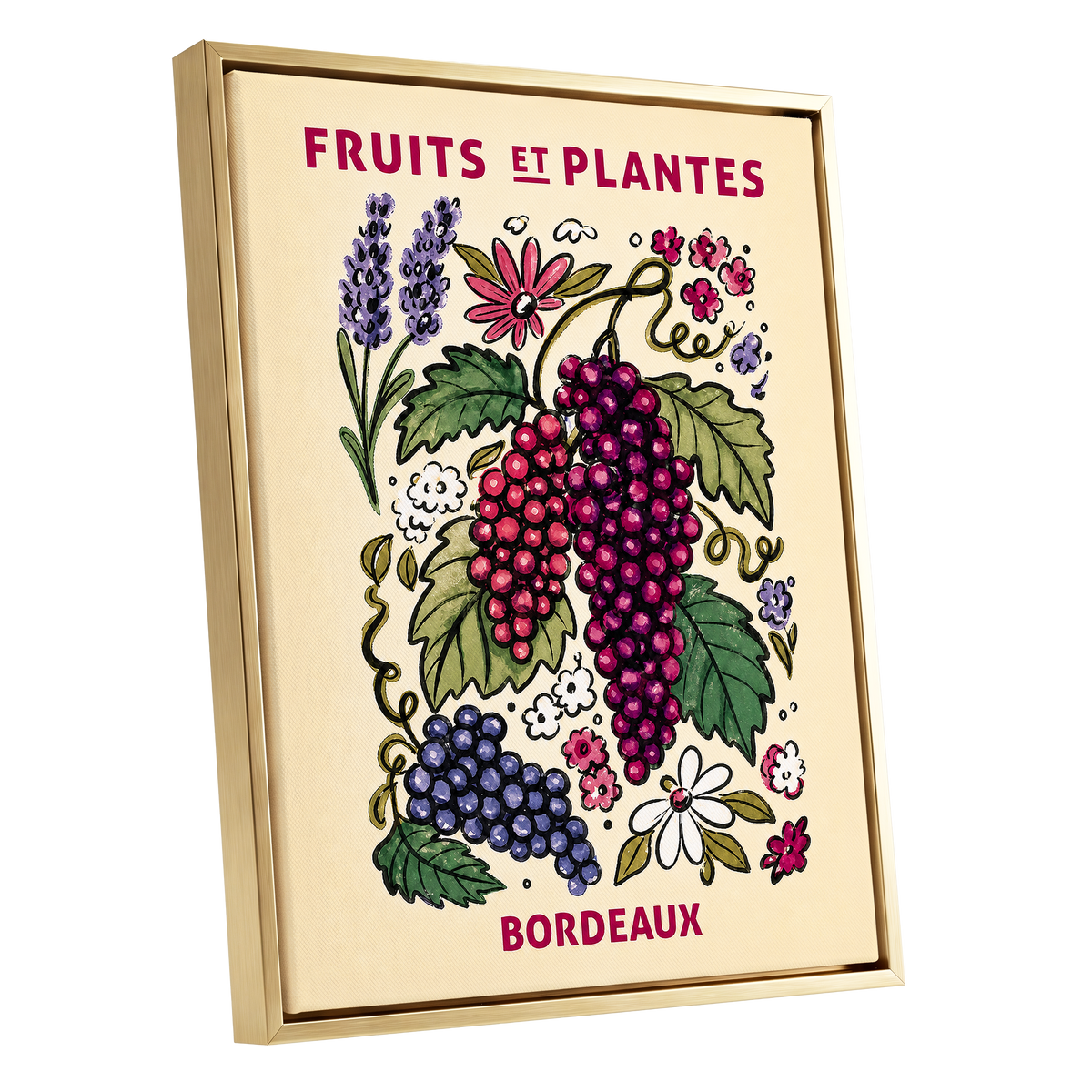 Bordeaux in Bloom, beige, purple, pink nature wall art shown as a gold framed canvas wall art