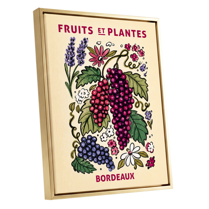 Bordeaux in Bloom, beige, purple, pink nature wall art shown as a gold framed canvas wall art
