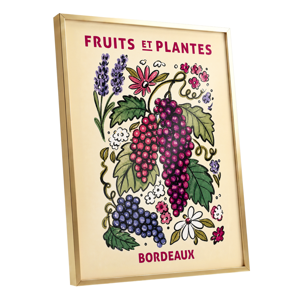 Bordeaux in Bloom, beige, purple, pink nature wall art shown as a gold framed poster wall art print