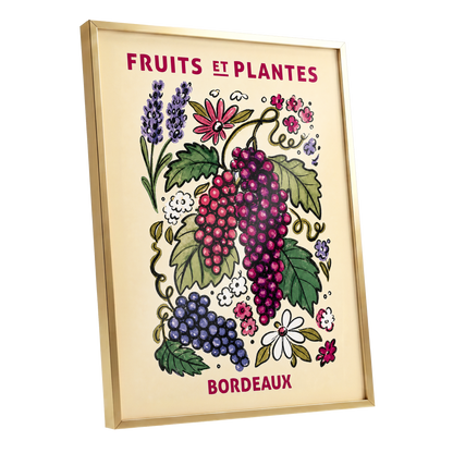 Bordeaux in Bloom, beige, purple, pink nature wall art shown as a gold framed poster wall art print